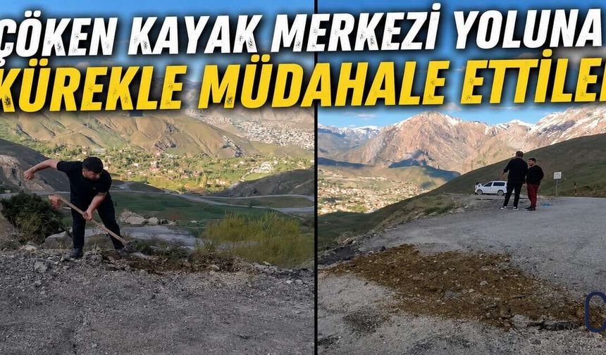 Mergabütan Kayak Merkezi yolunda çökme:  Vatandaşlar küreklerle yolu doldurdu