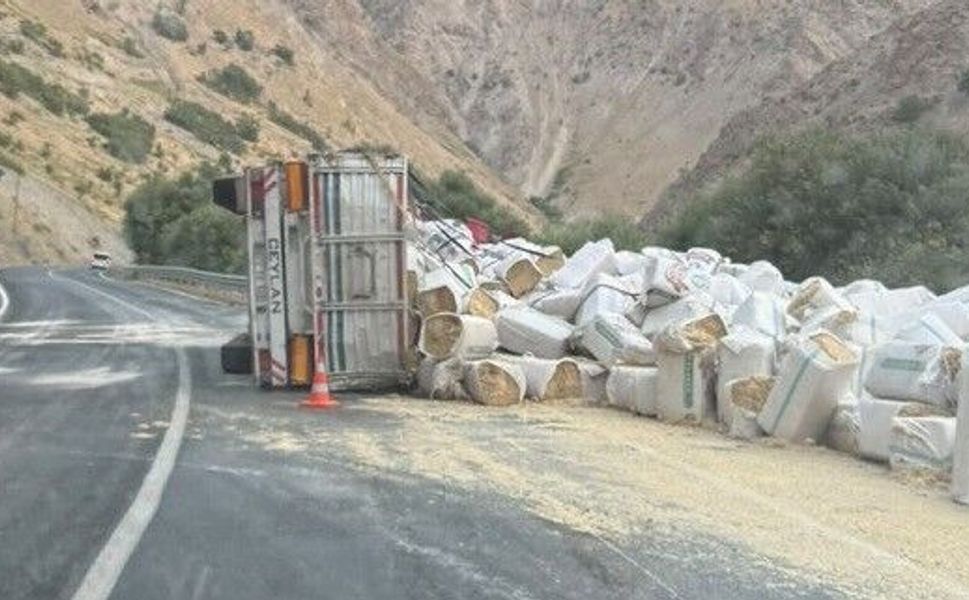 Hakkâri-Van karayolunda saman yüklü TIR devrildi